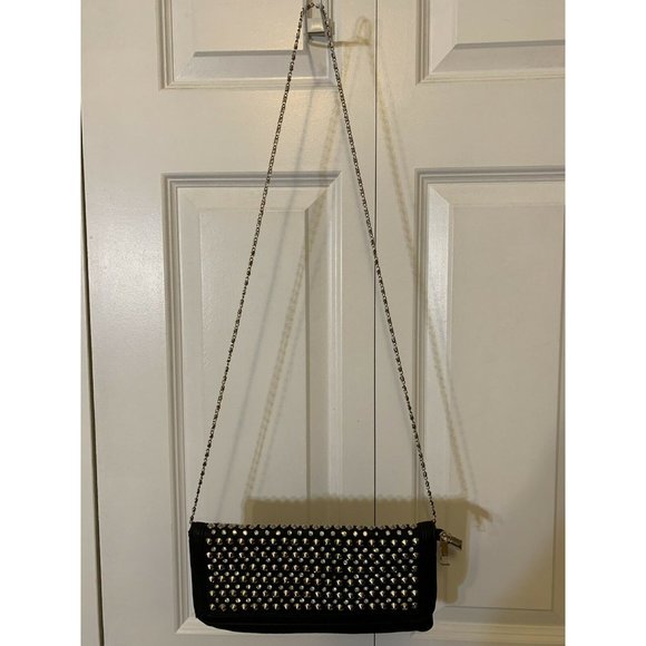 Evening bag-black clutch with snap closure With chain strap Studded Faux Gems - Picture 6 of 7